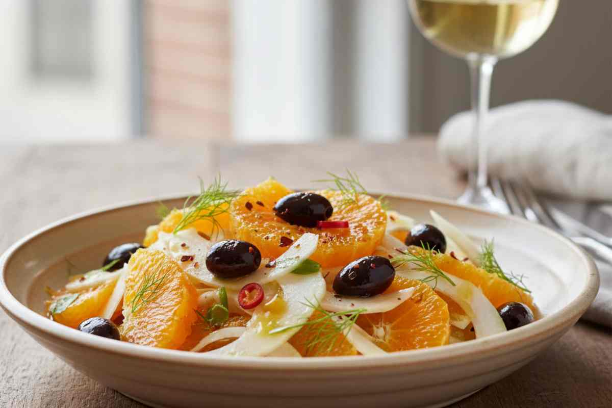 piatto di arance e finocchi e olive con bicchiere di vino