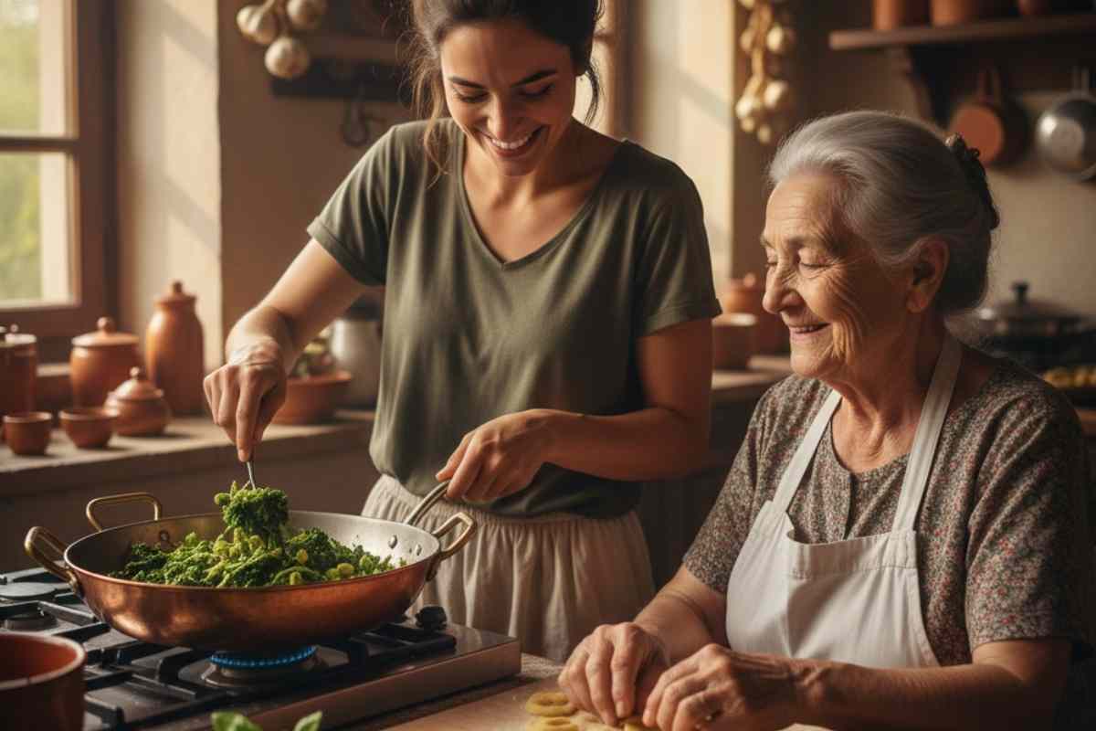 ragazza e nonna che preparano le orecchiette alle cime di rapa