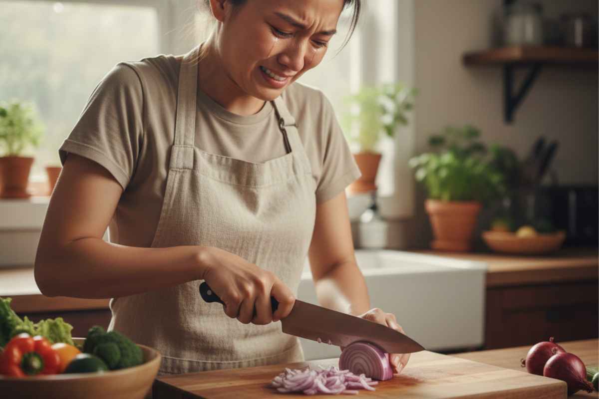 ragazza che taglia lacipolla e piange