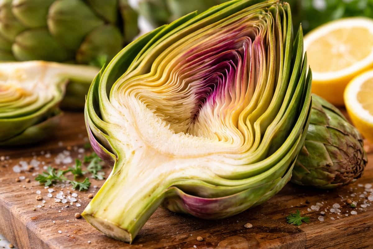 Carciofo tagliato a metà, mostra il cuore del carciofo.