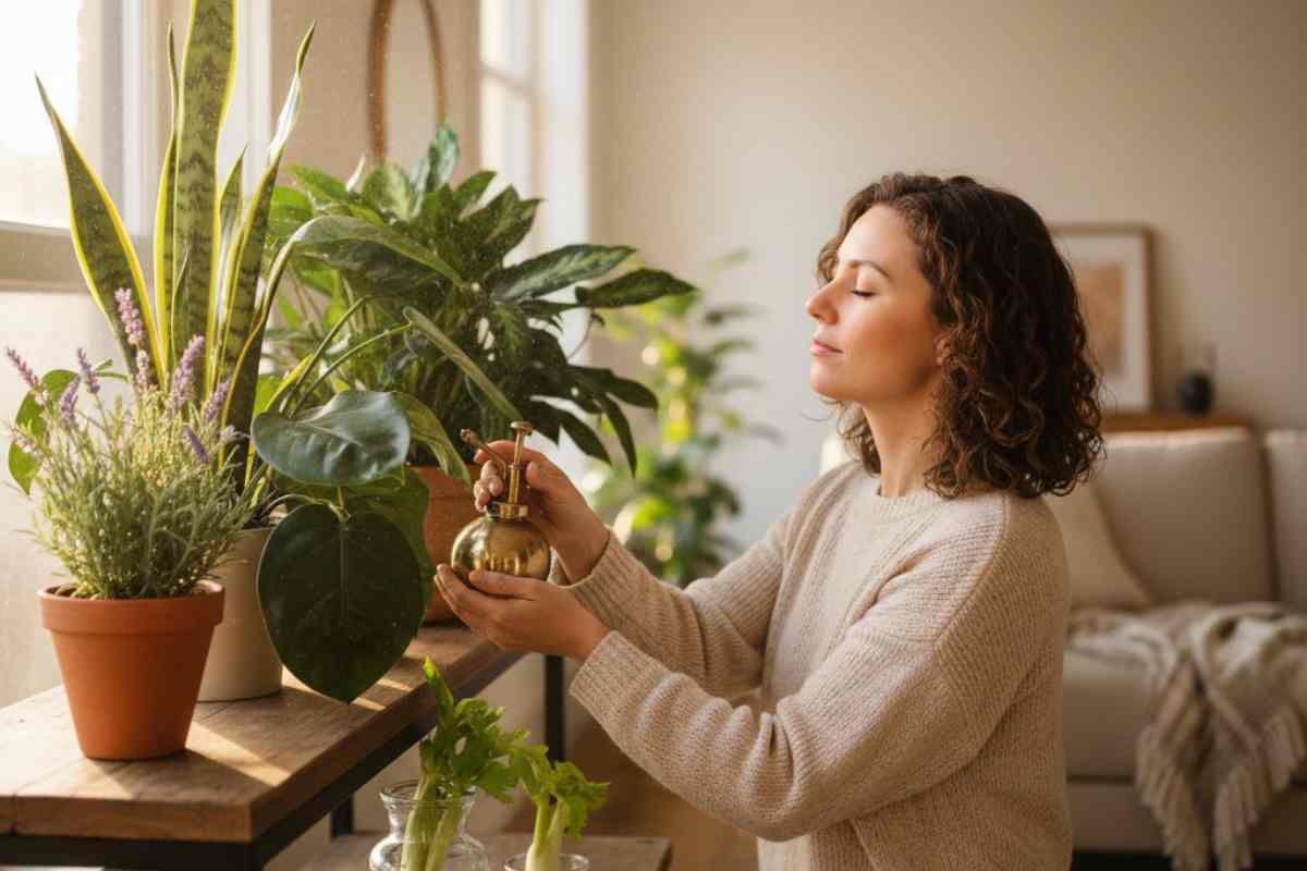 donna che annaffia le piante e si rilassa