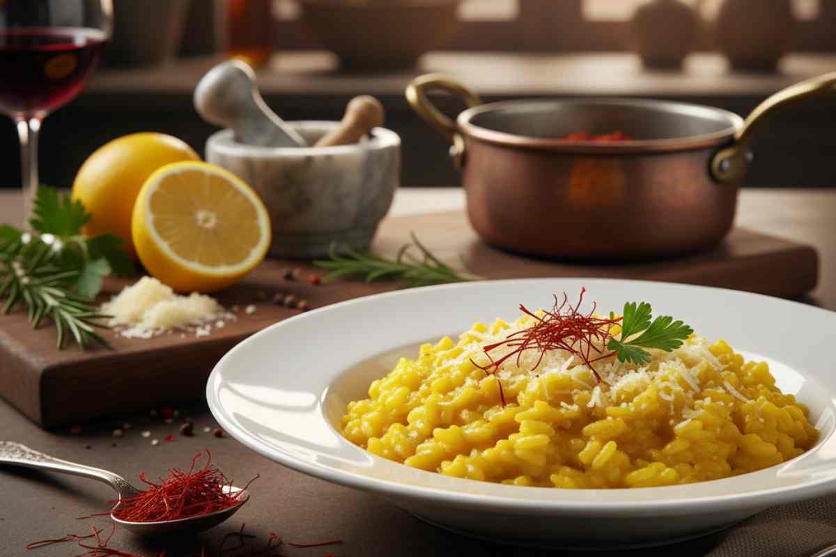 piatto di risotto allo zafferano con ingredienti intorno