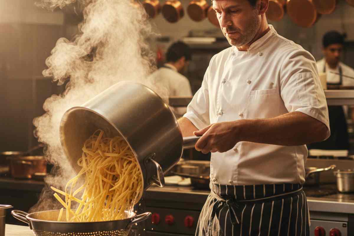 cuoco che scola la pasta in un ristorante