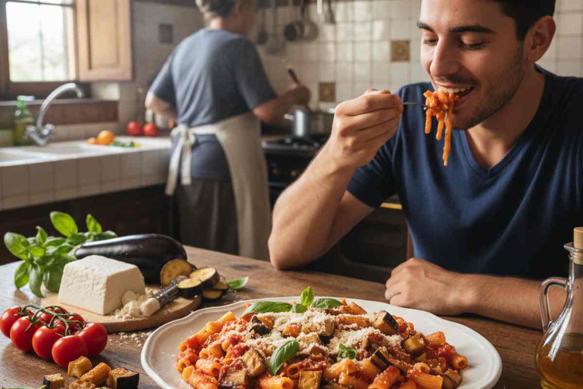 ragazzo seduto in cucina che mangia un piatto di pasta alla norma