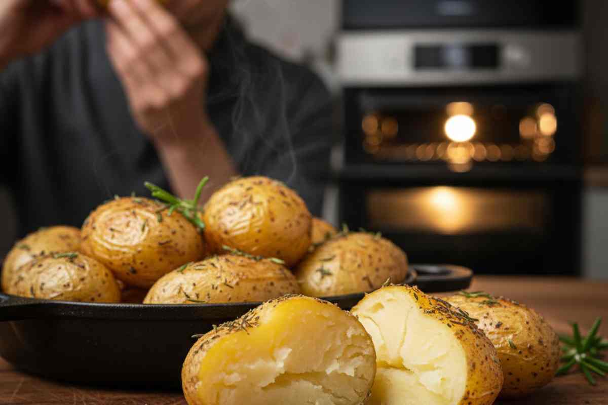 patate al forno . una in primo piano aperta a metà