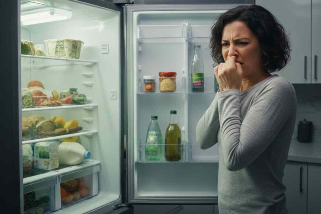 signora con frigo aperto che sente una puzza