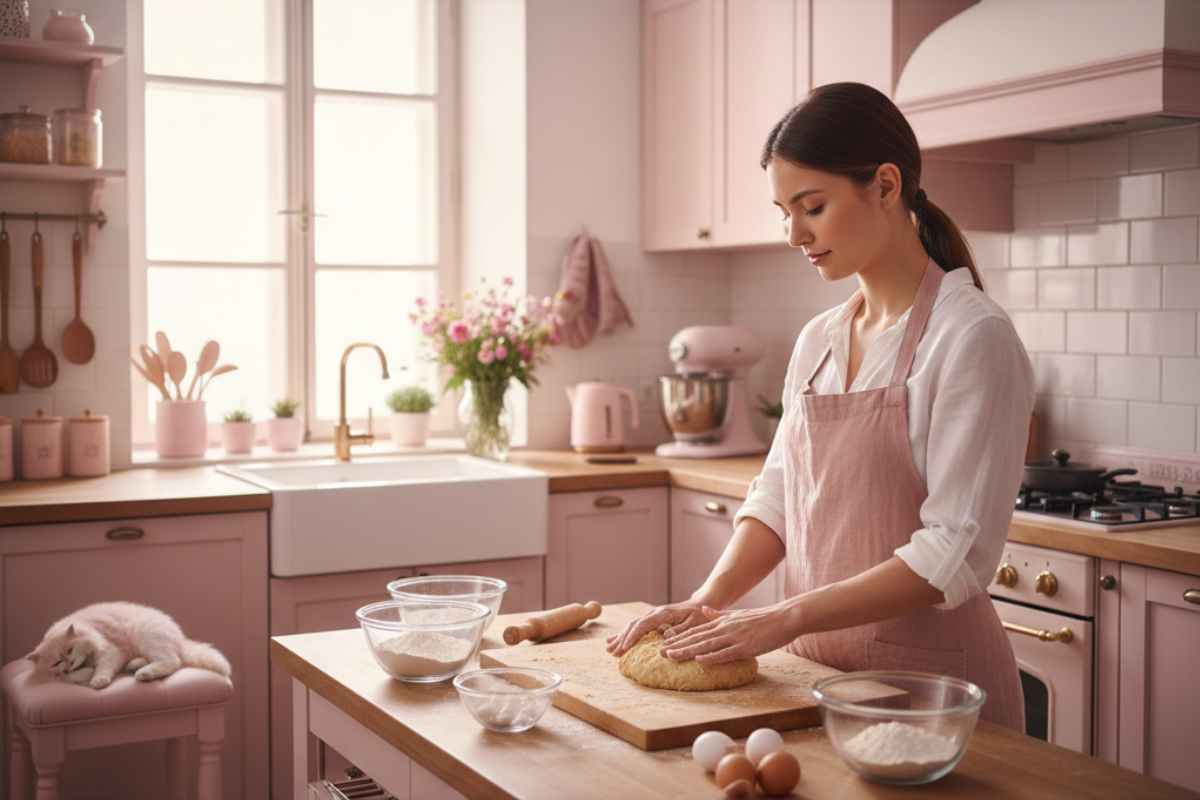 donna che lavora la frolla in una cucina rosa