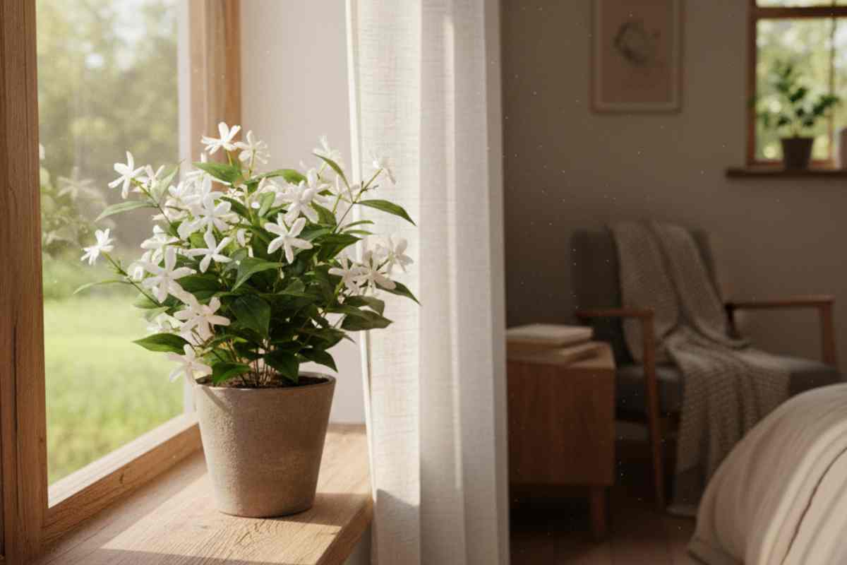 pianta di gelsomino sul davanzale della finestra di una camera da letto