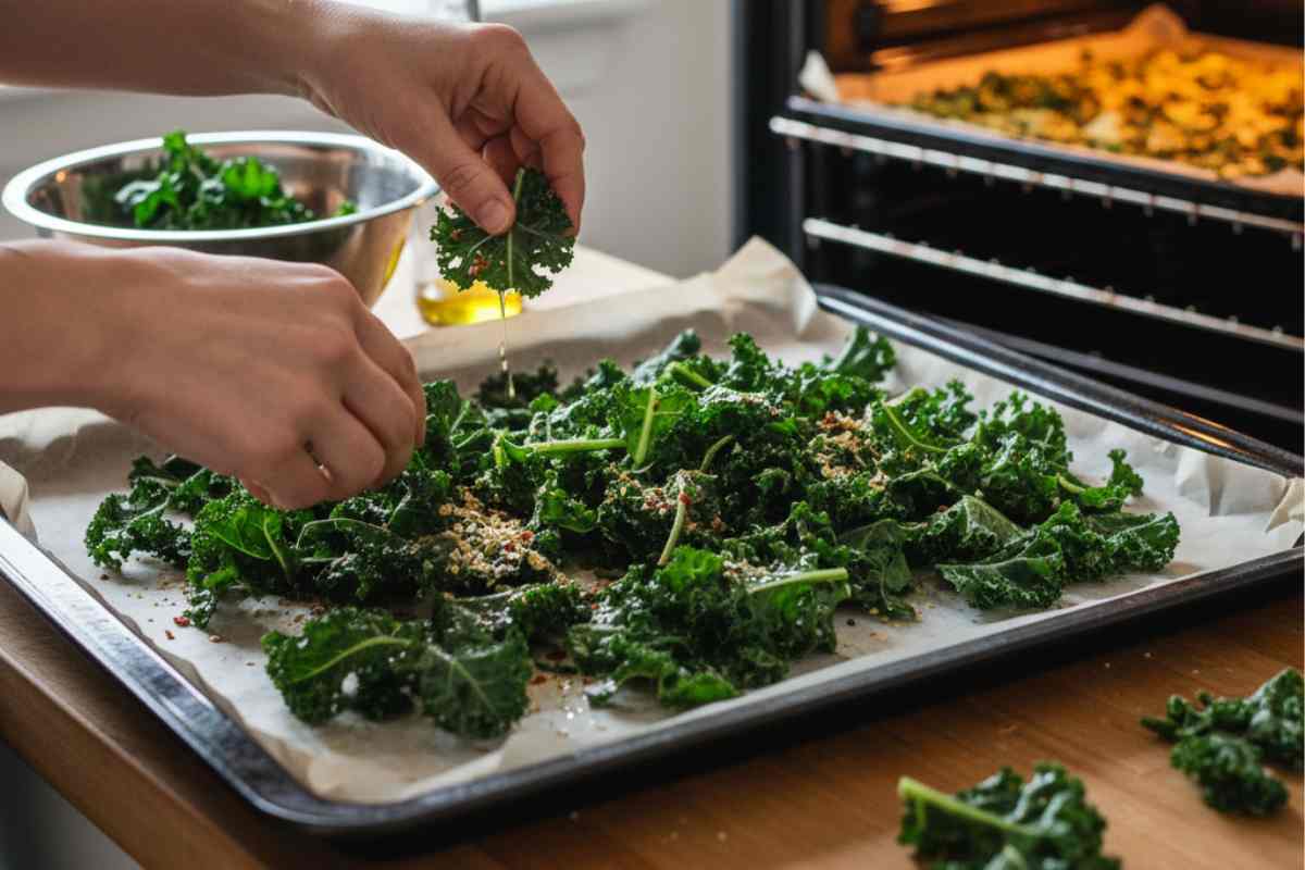 kale spezzettato su una teglia con pan grattato che sta per essere messo in forno