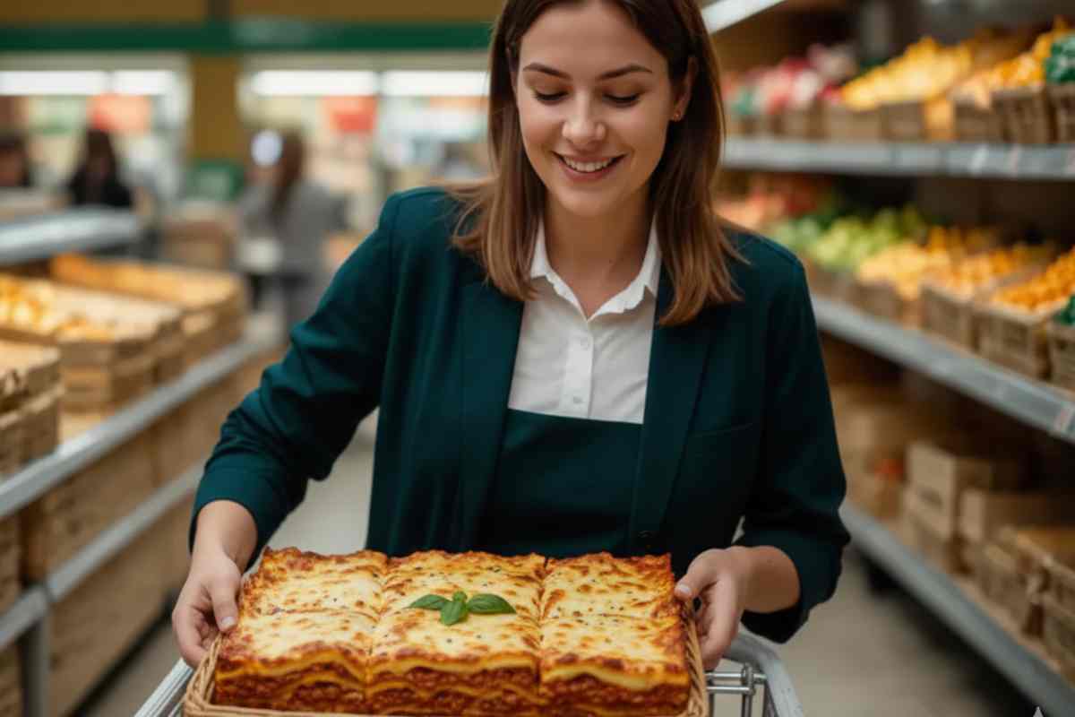 ragazza che mostra una lasagna in un supermercato