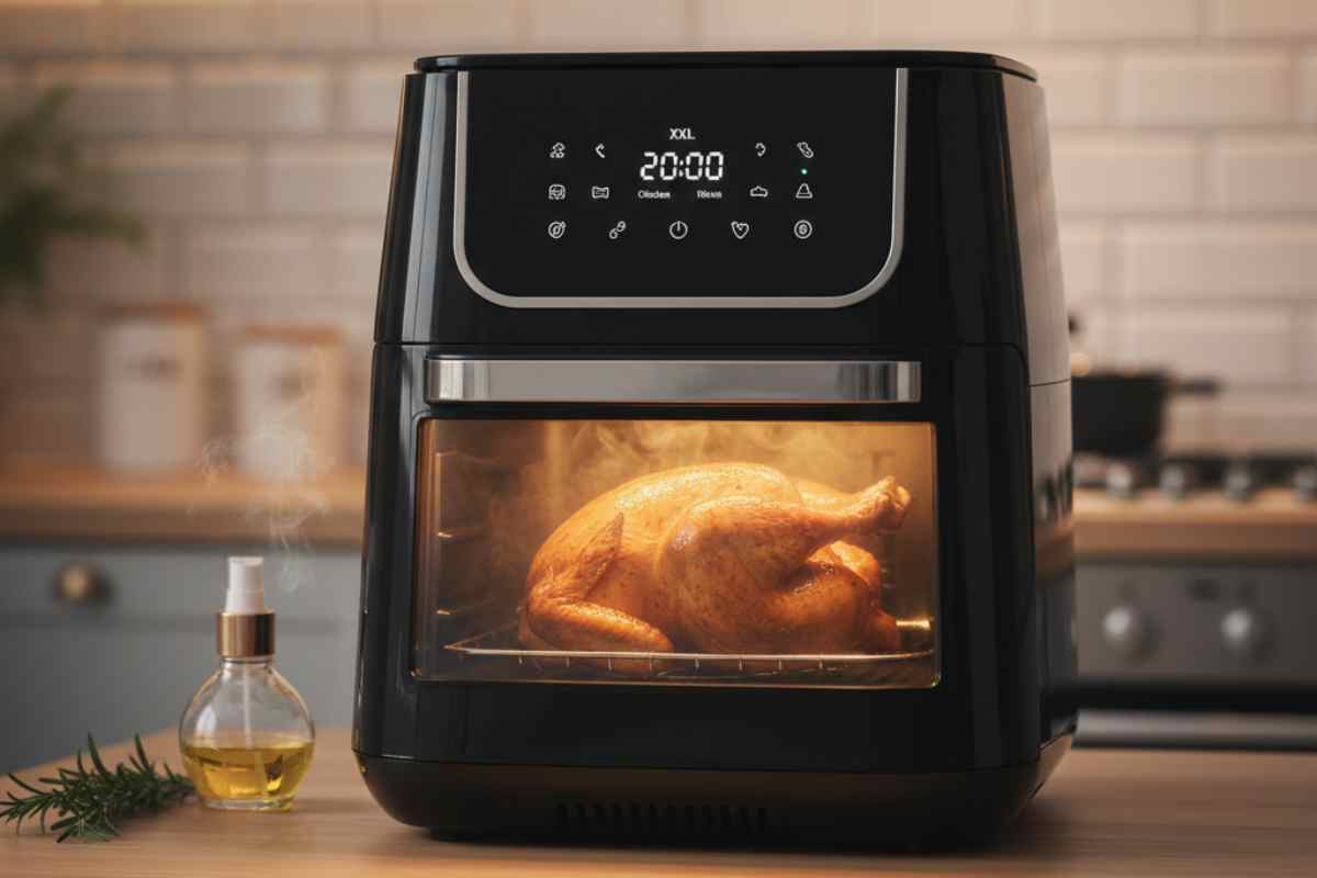 friggitrice ad aria con dentro un pollo