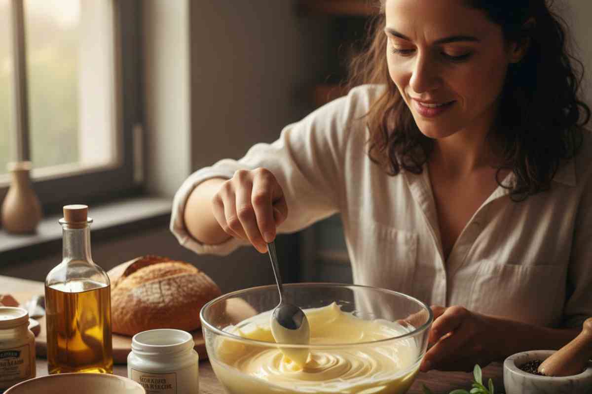 donna che gira la maionese con un cucchiaio