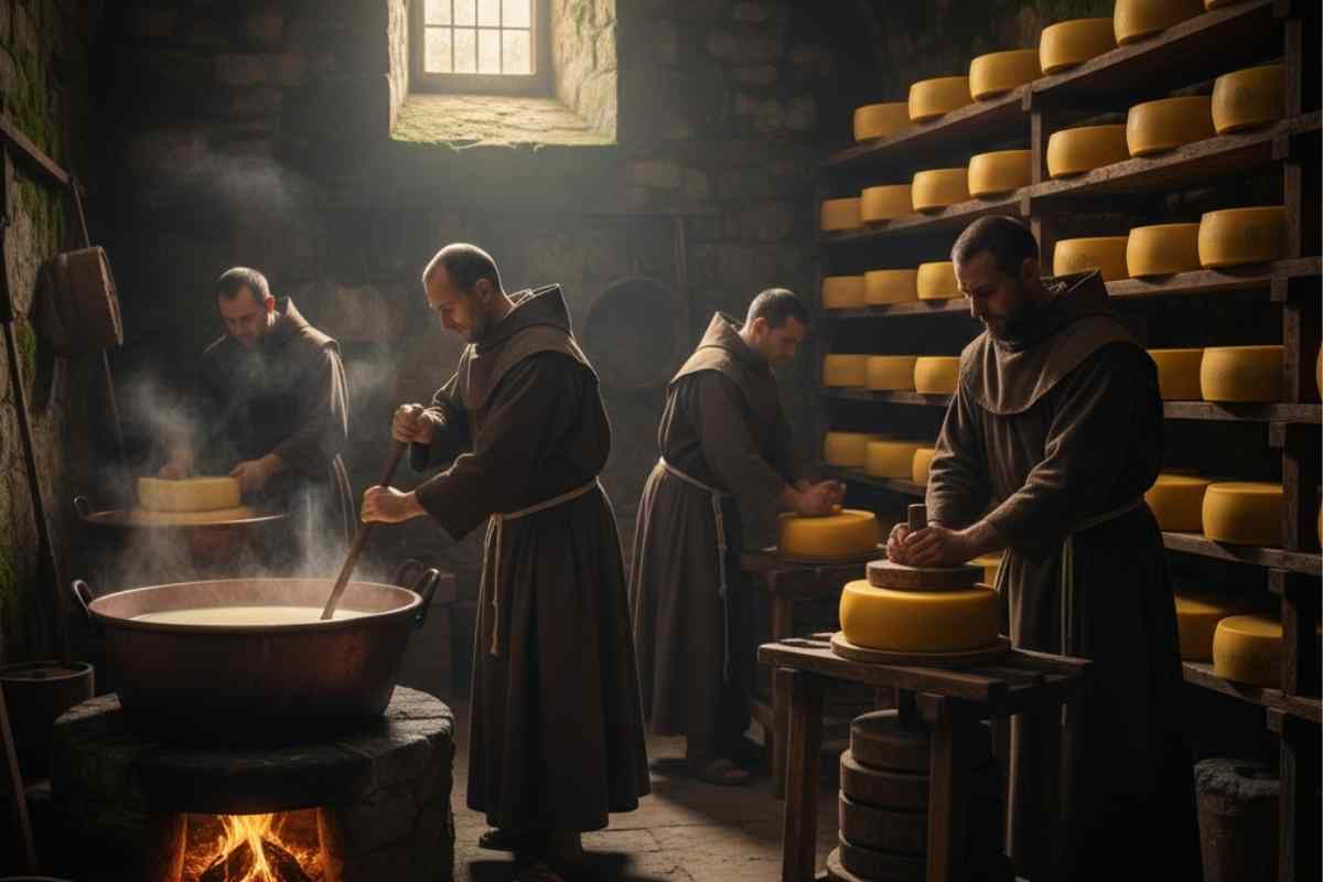 monaci che fanno il formaggio in una abbazia