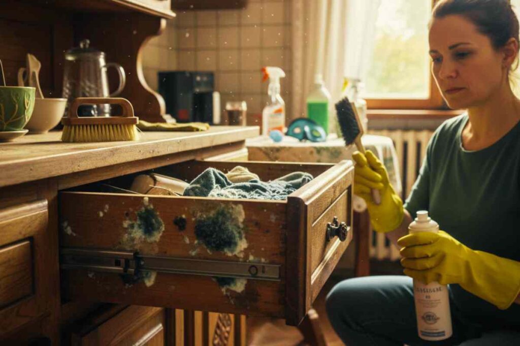 donna che tenta di pulire la muffa nei cassetti delle cucina
