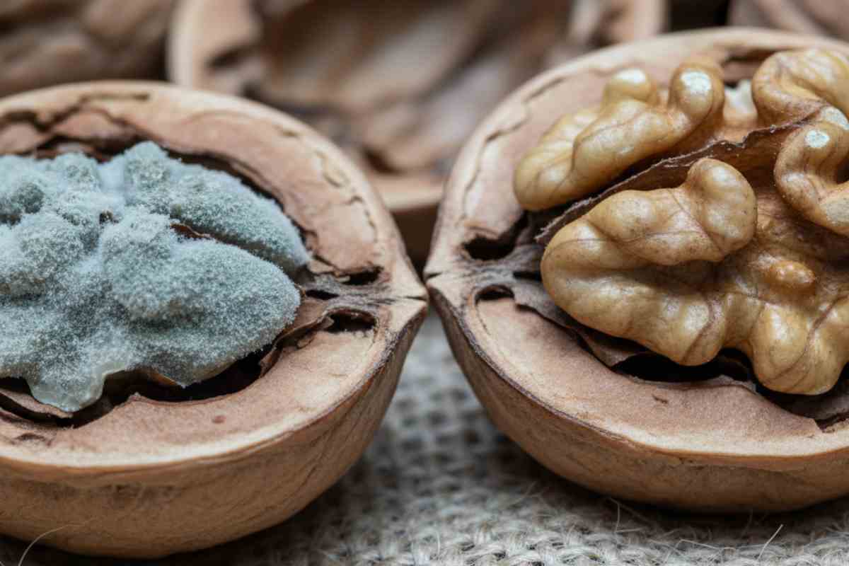 noce aperta a metà con metà muffa