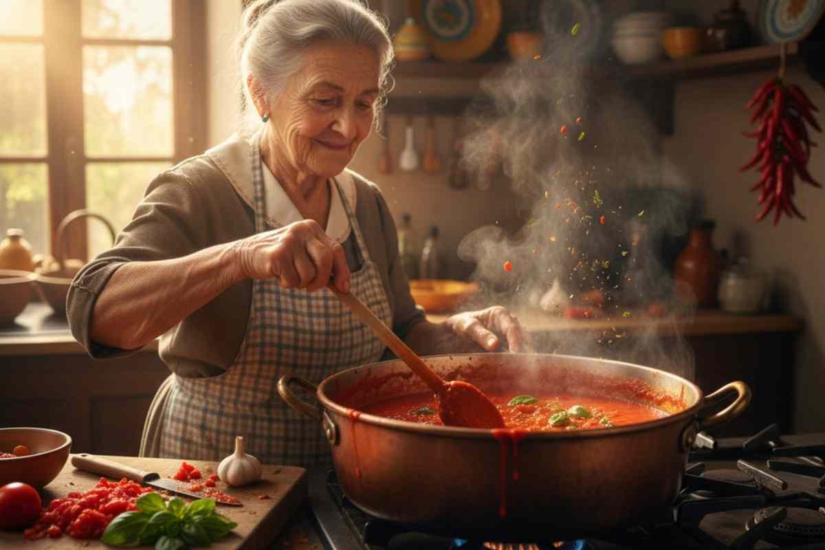 nonna che gira il sugo con il cucchiaio in una pentola grande