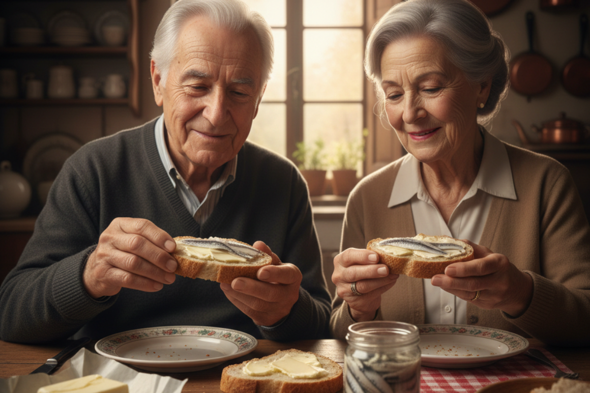 due nonni che mangiano pane burro e alici
