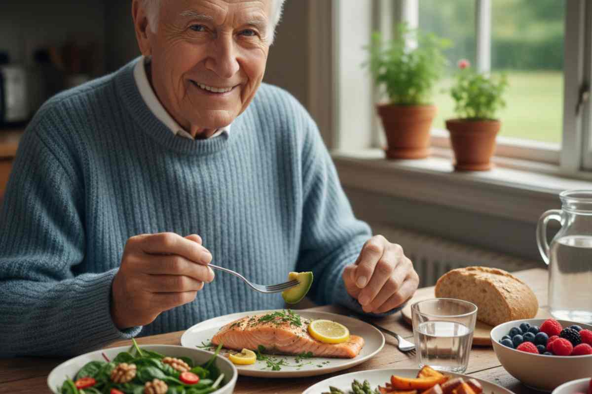un uomo anziano che mangia salmone e altre cose salutari