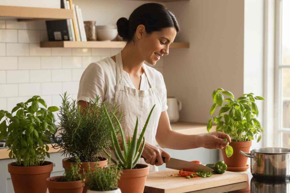 donna che cucina con tante piantine aromatiche intorno