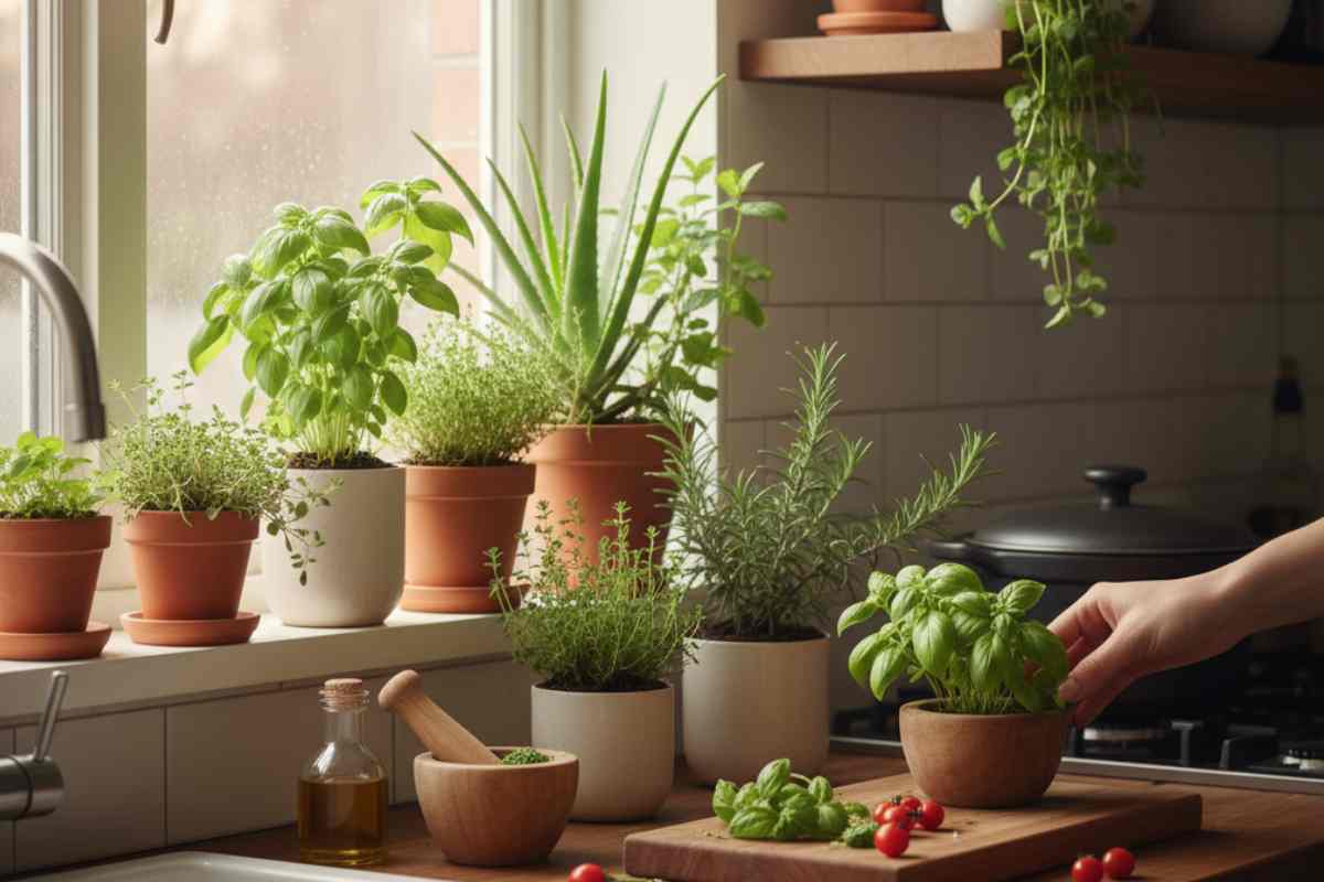 piantine disposte sul davanzale della cucina