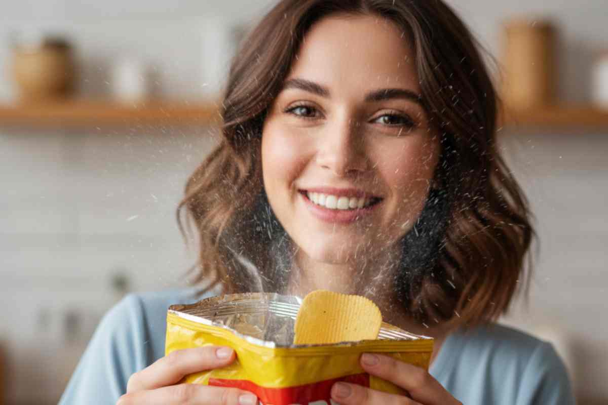 ragazza che apre una busta di patatine