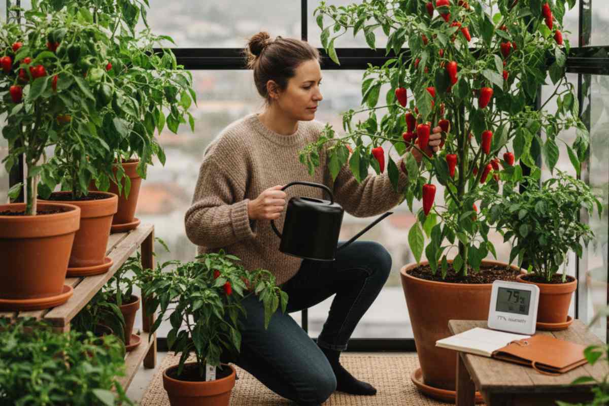 persona che annaffia i peperoncini