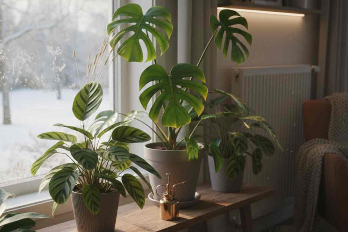 piante sul davanzale di una finestra dentro casa, ma con foglie ingiallite