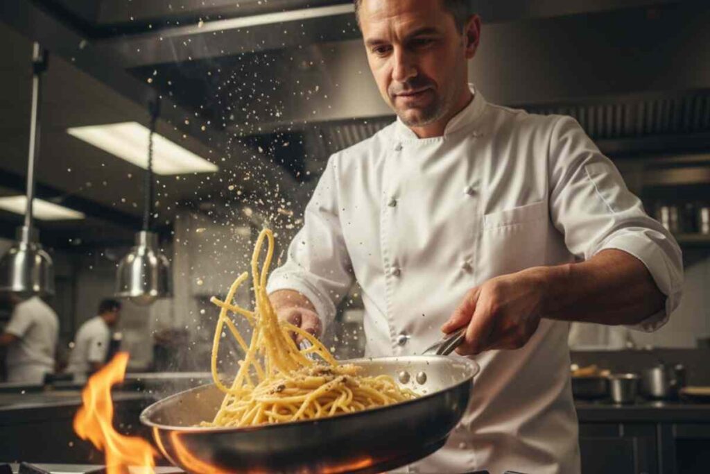 chef che salta la pasta in una grande padella