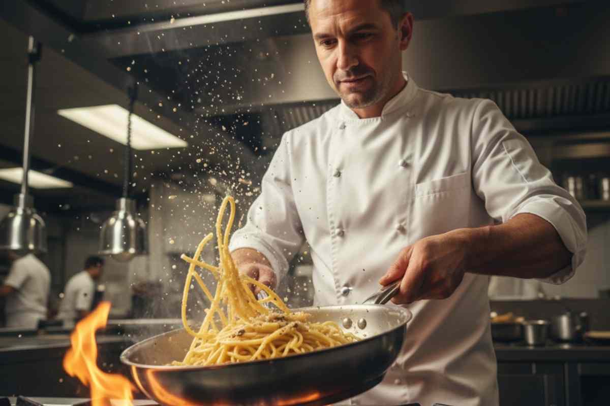chef che salta la pasta in una grande padella