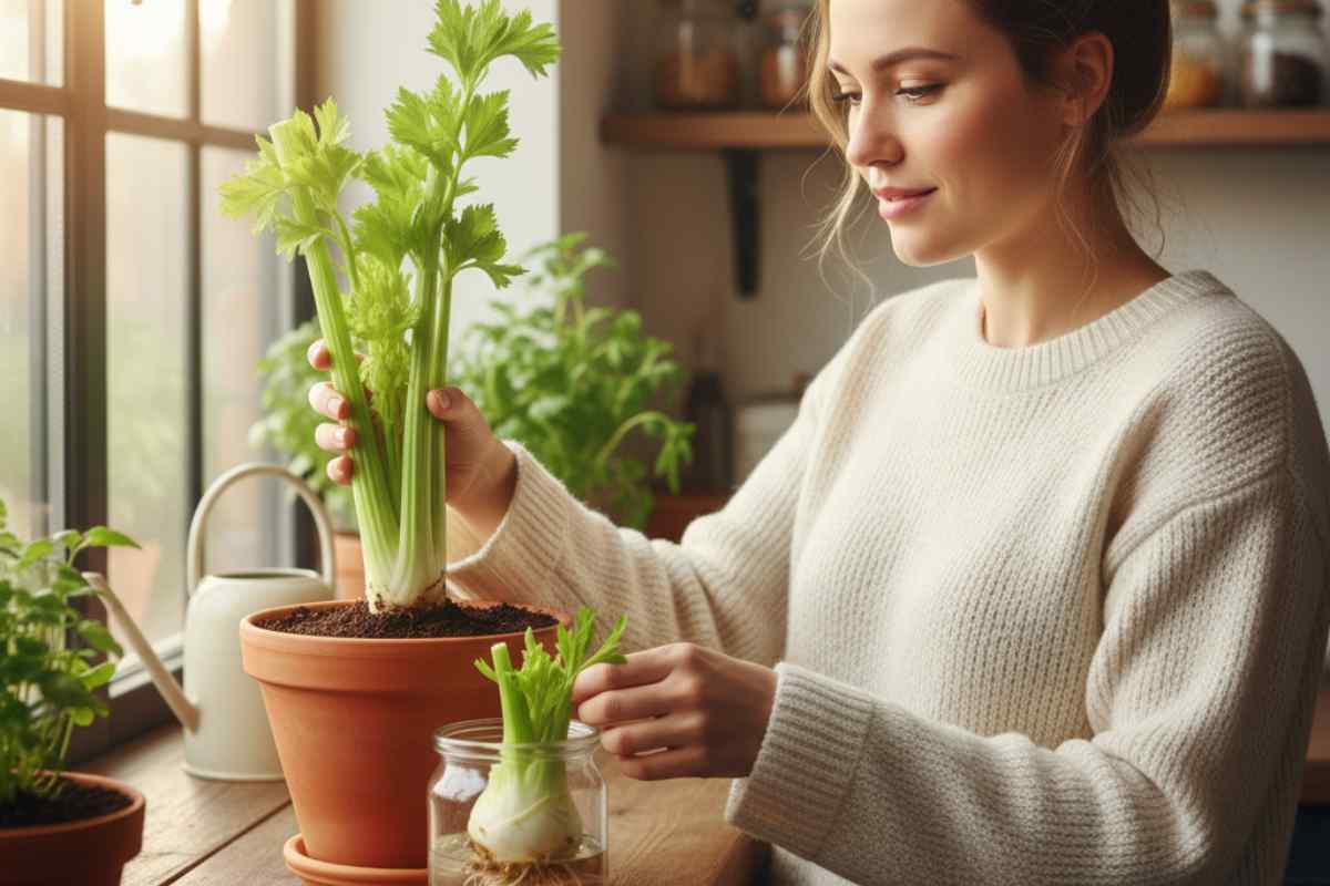 donna che prende un gambo di sedano da un vaso in cucina