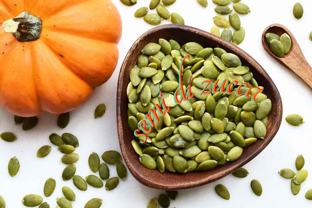 semi di zucca con zucca e mestolo vicino