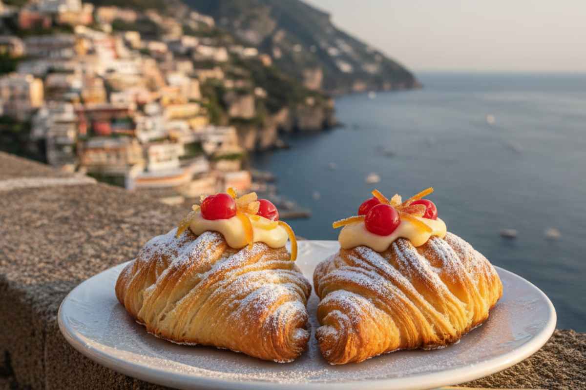 sfogliatelle santarosa su un piatto e nello sfondo la costiera amalfitata