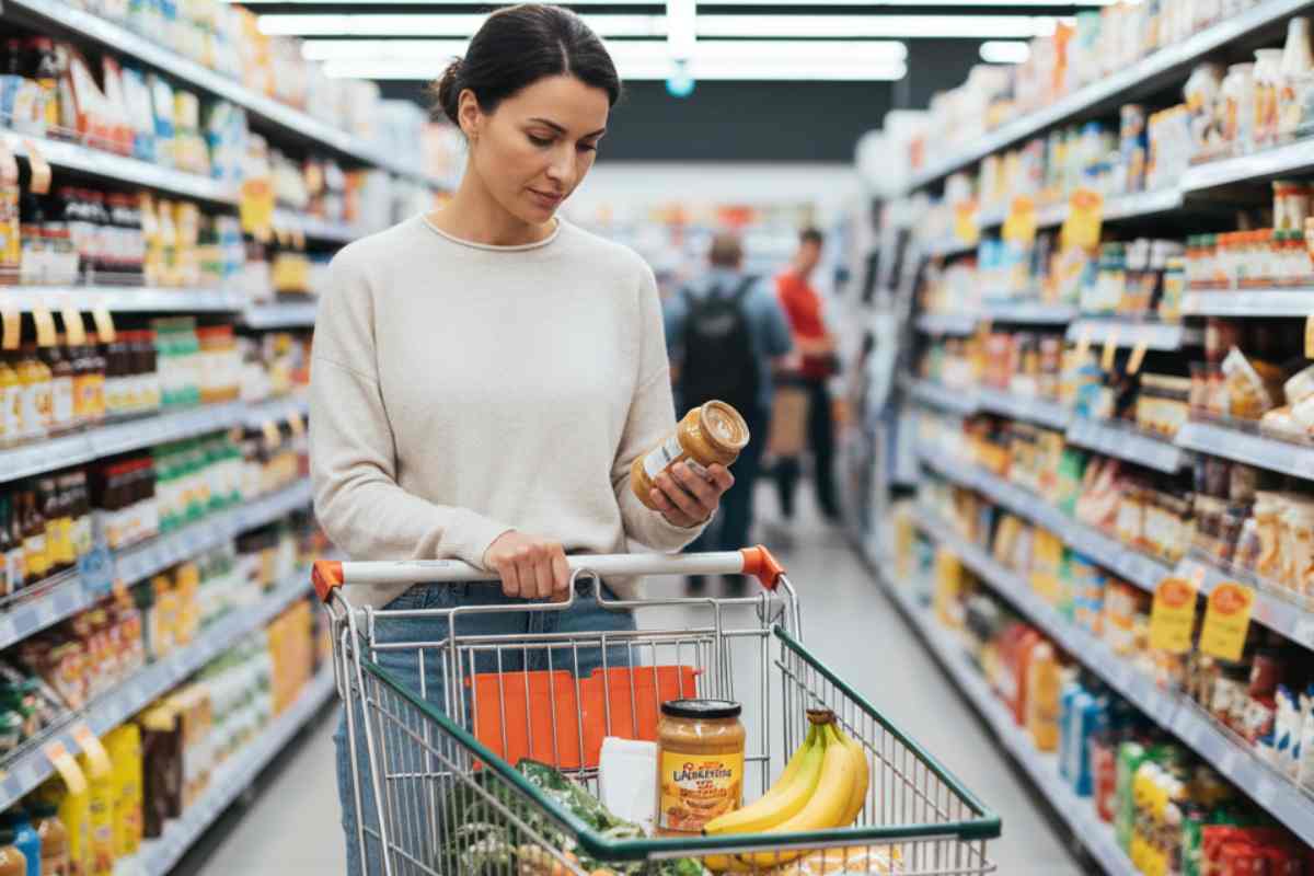 donna che guarda l'etichetta di un prodotto al supermercato