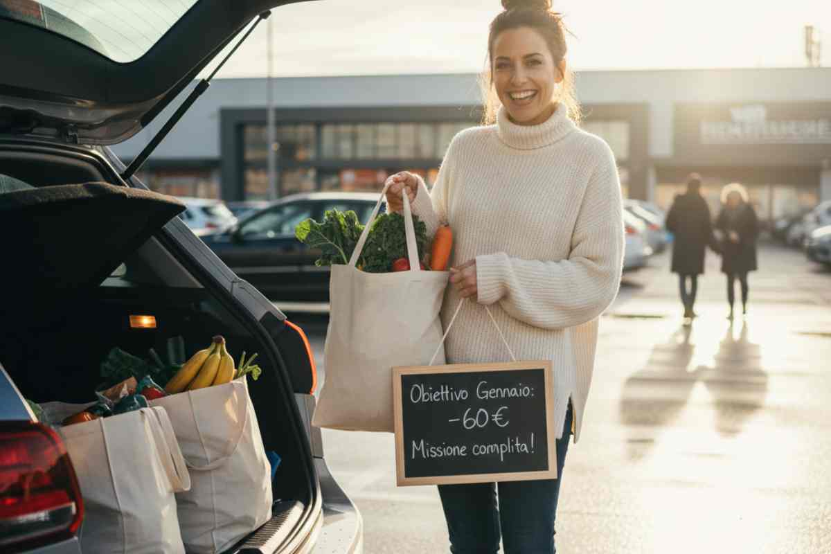 donna che mette in macchina la spesa molto contenta per aver risparmiato