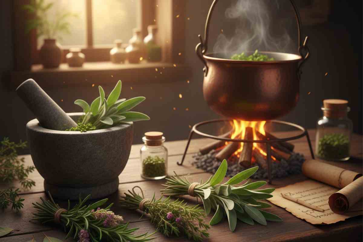 spezie varie su un tavolo da lavoro e calderone