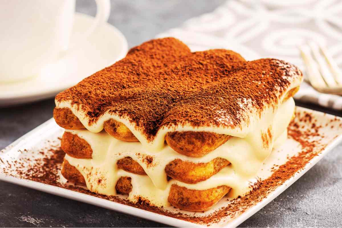 tiramisù con cacao e savoiardi su un piatto quadrato