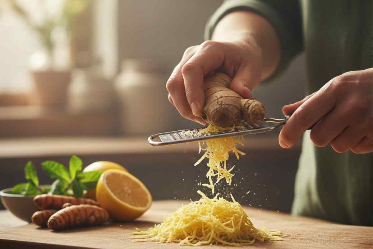 mani che grattugiano lo zenzero sopra ad un tagliere