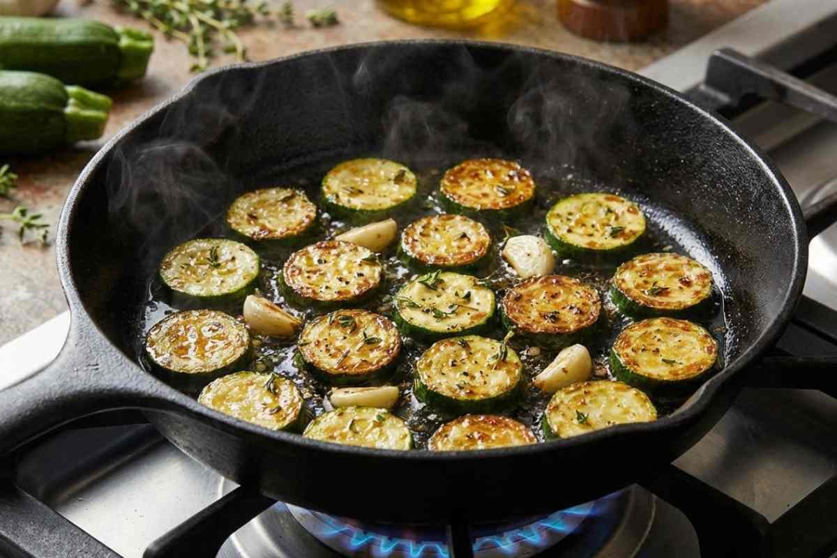 zucchine che cuociono in una padella e friggono