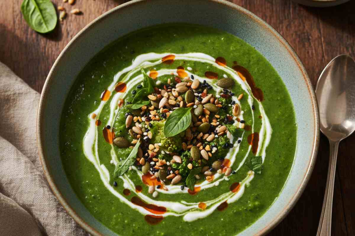 vellutata verde con yogurt sopra e crumble