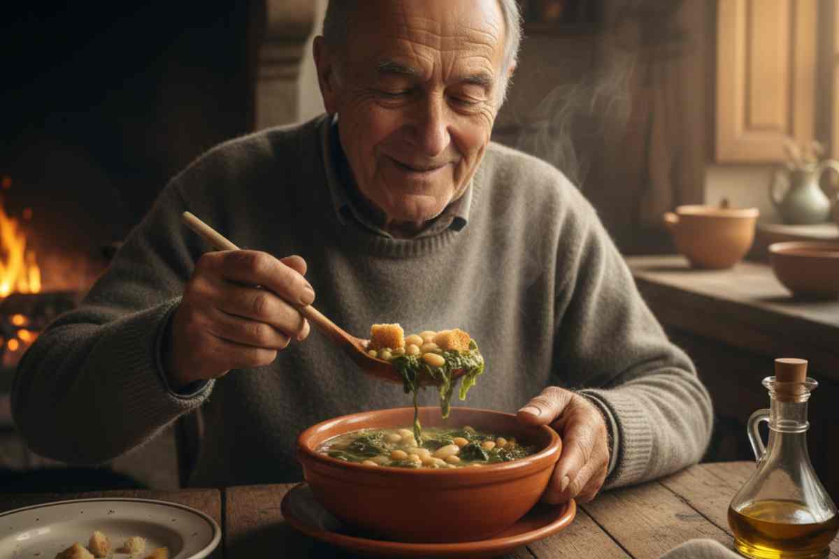 signore che mangia la zuppa vicino al fuoco