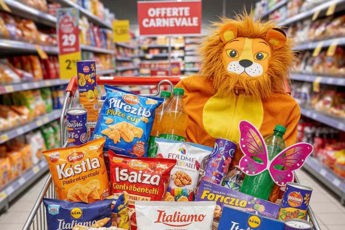 carrello della spesa pieno di cose di carnevale