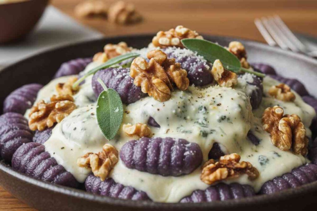 Gnocchi viola con crema di gorgonzola e noci: l’eleganza a tavola con il colore della natura