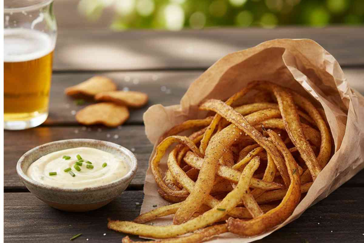 bucce di patate fritte in un cartoccio con birra vicino